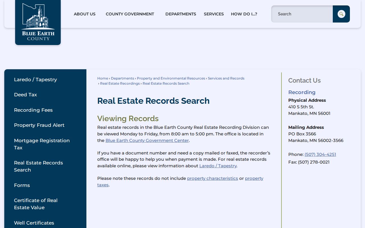 Mankato residents directory Blue Earth County recorder index access page