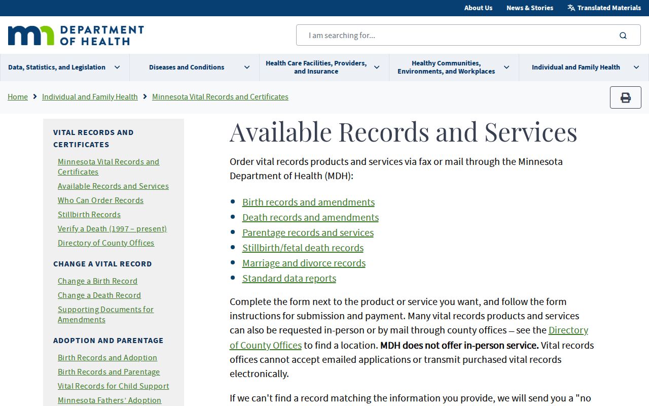 Mankato resident lookup Minnesota Department of Health vital records forms and access information